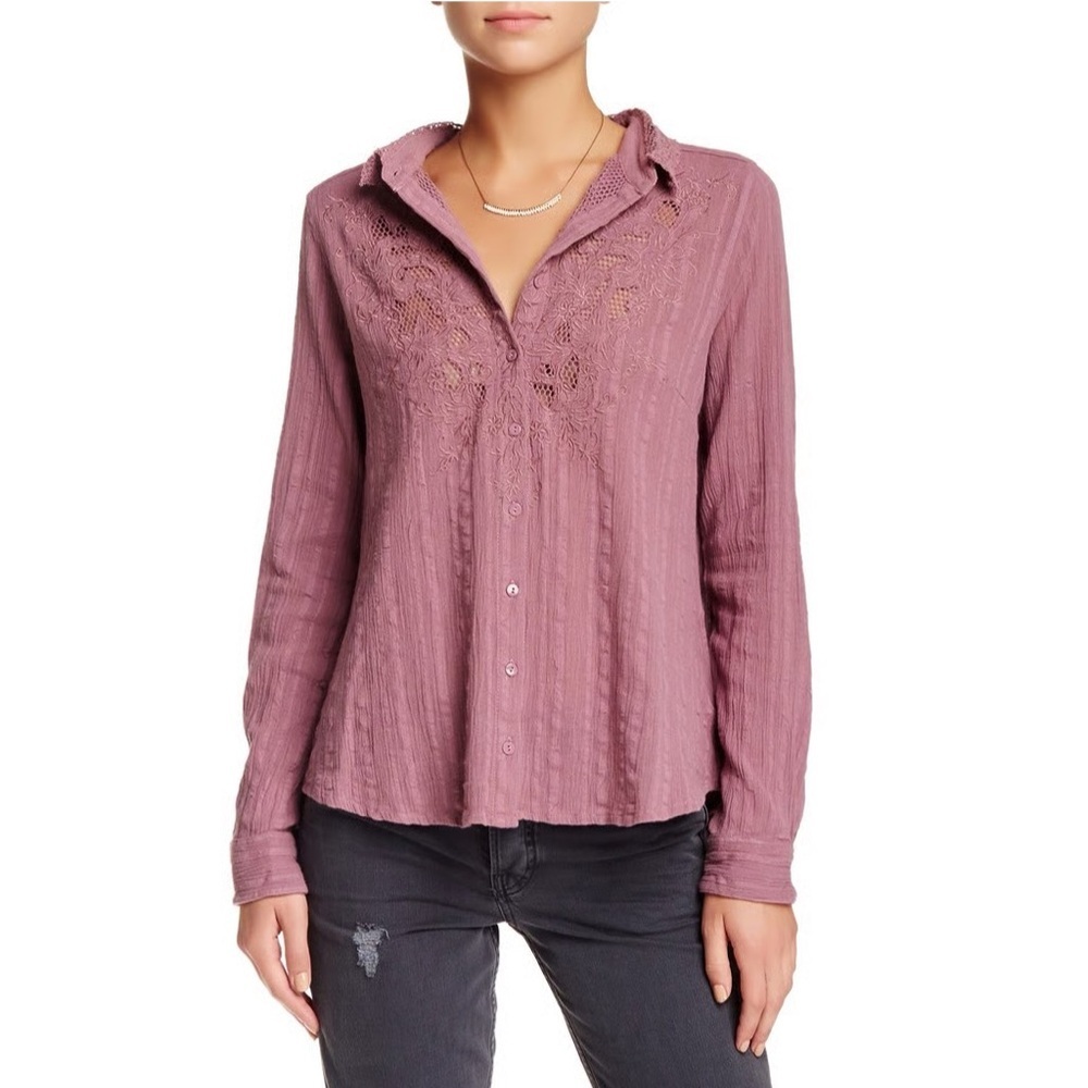 Free People Carter Dobby Purple Button Down Shirt Lace Detail Cotton
